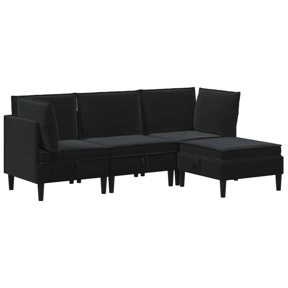 4 Piece Cushioned Storage Sofa Set Modern Black Velvet Living Room Furniture