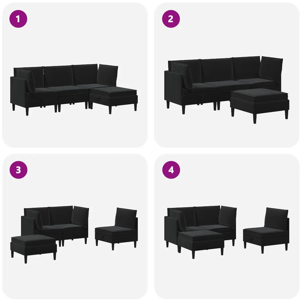 4 Piece Cushioned Storage Sofa Set Modern Black Velvet Living Room Furniture