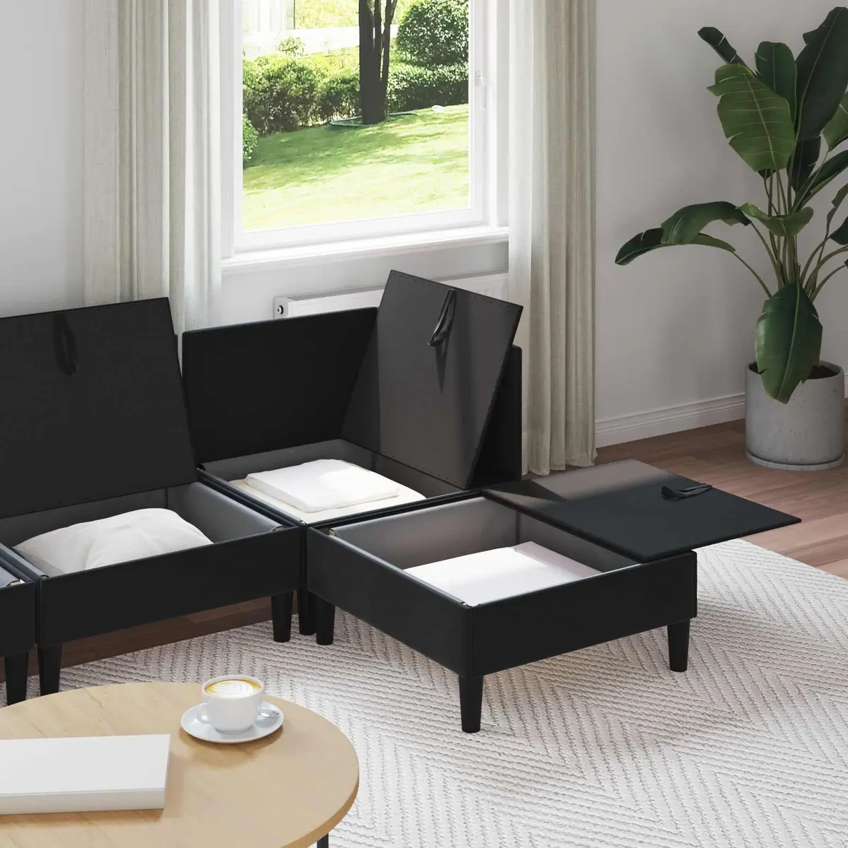 4 Piece Cushioned Storage Sofa Set Modern Black Velvet Living Room Furniture
