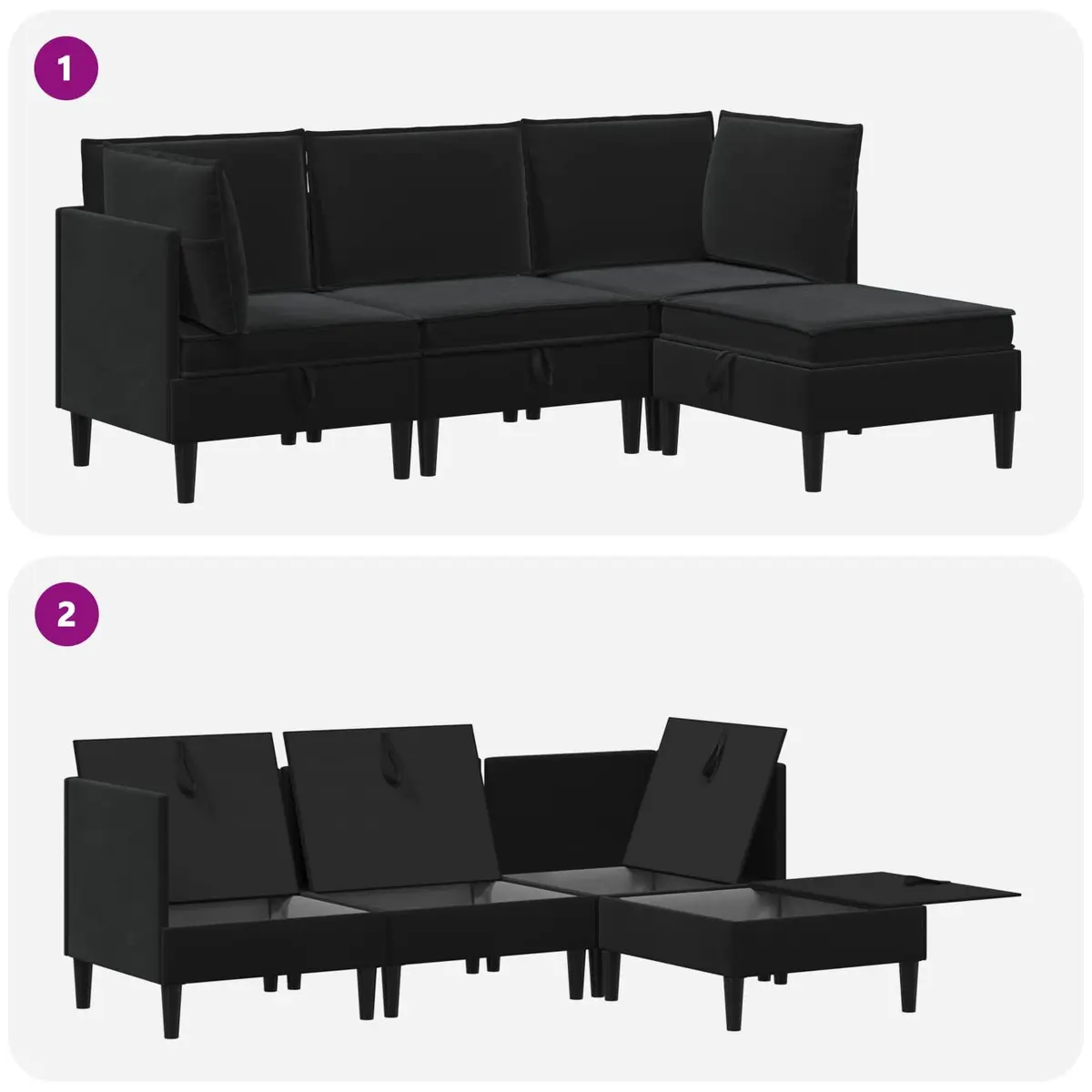 4 Piece Cushioned Storage Sofa Set Modern Black Velvet Living Room Furniture