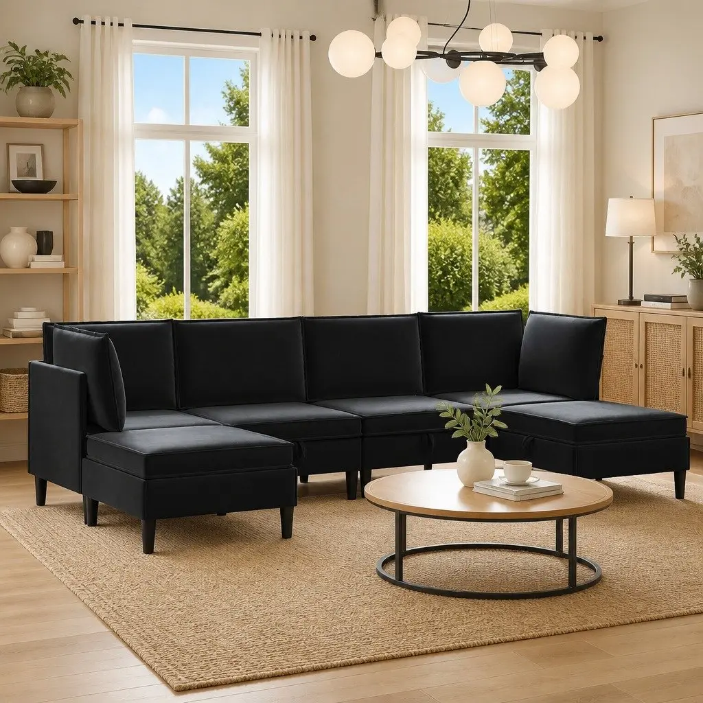Living Room Furniture Set Modern 6 Piece Black Velvet Cushioned Storage