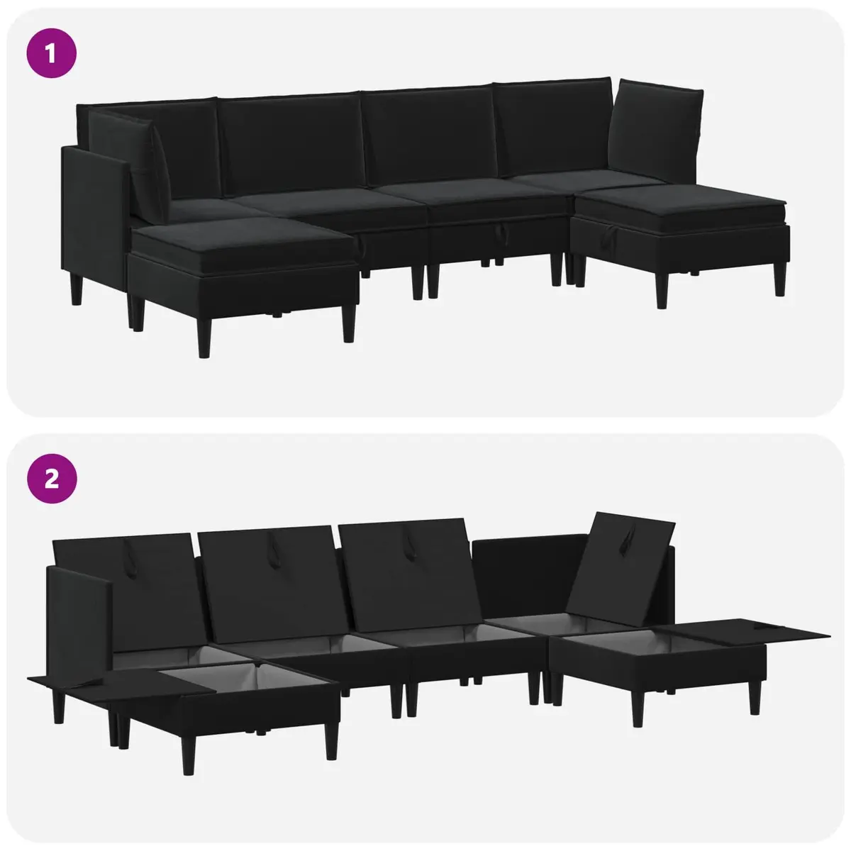 Living Room Furniture Set Modern 6 Piece Black Velvet Cushioned Storage