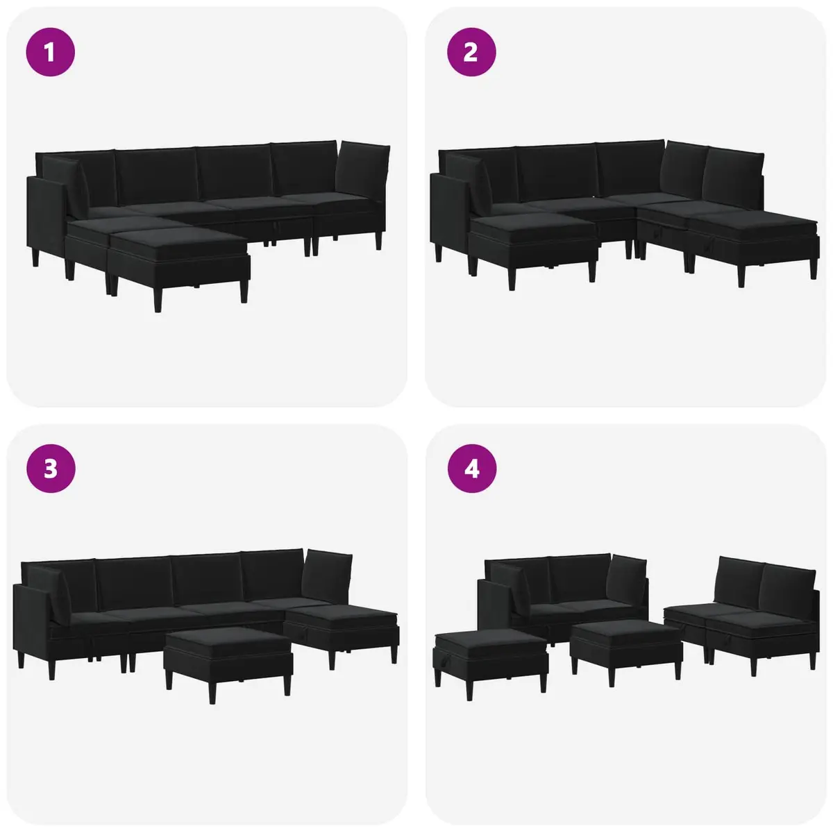 Living Room Furniture Set Modern 6 Piece Black Velvet Cushioned Storage