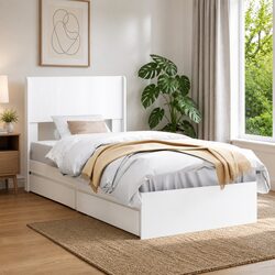 Elegant White Bed Frame with Storage Headboard 90x190cm
