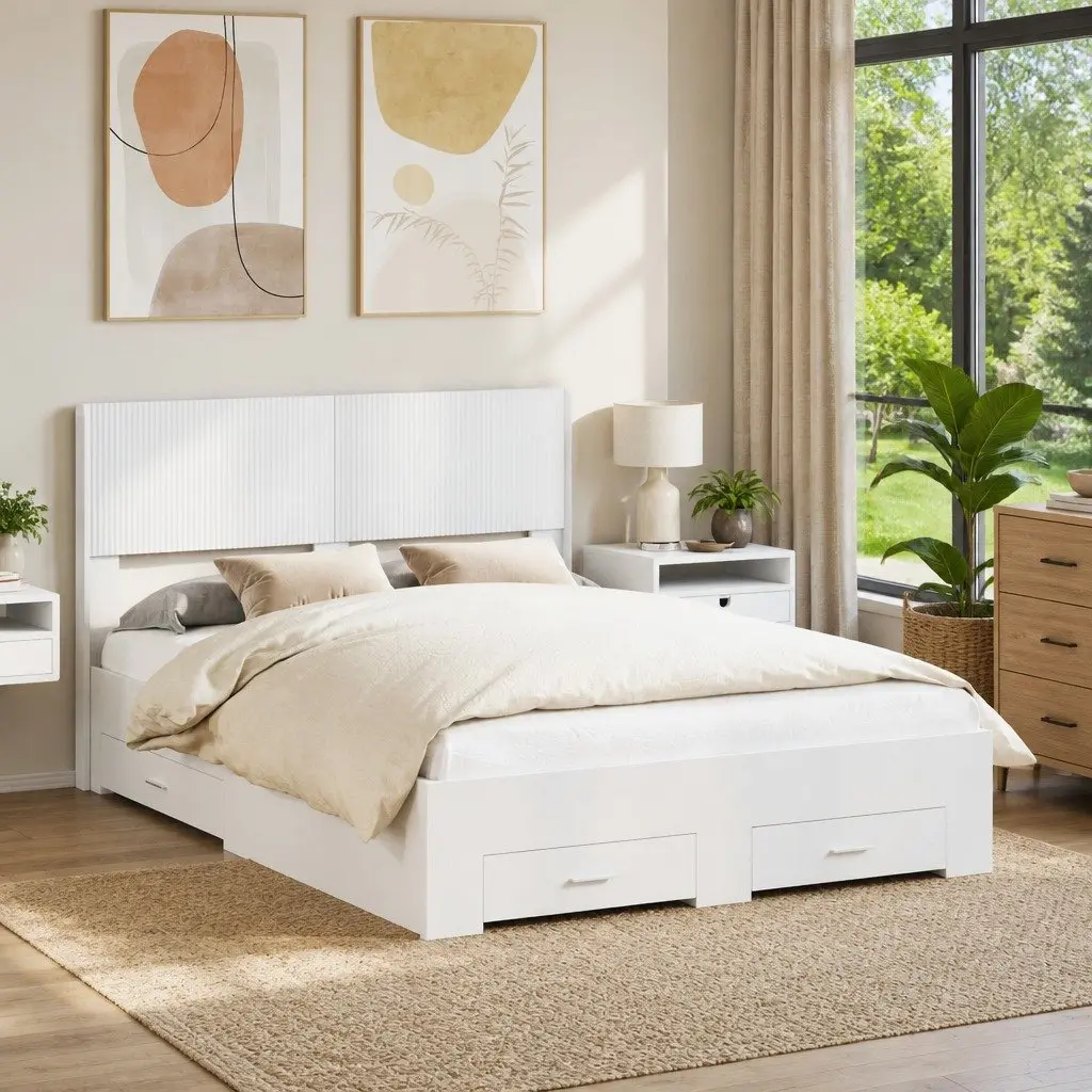 White Bed Frame 150x200cm with Storage Compartments Slatted Base Modern Design