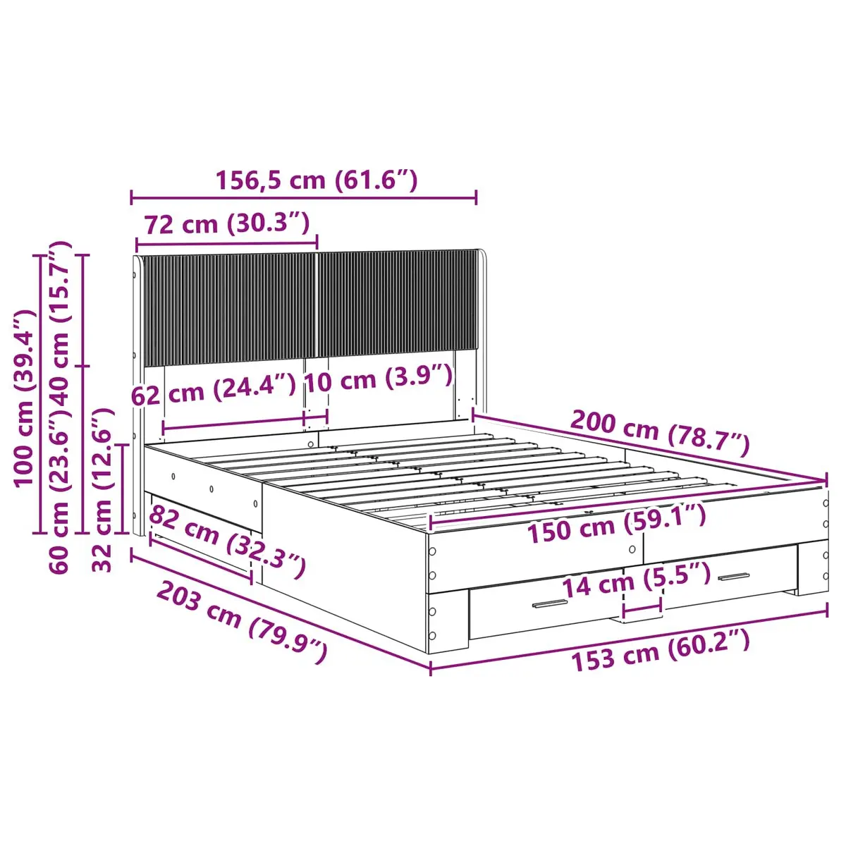 White Bed Frame 150x200cm with Storage Compartments Slatted Base Modern Design