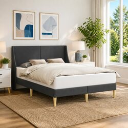 Upholstered Bed Frame with Dark Grey Fabric Headboard