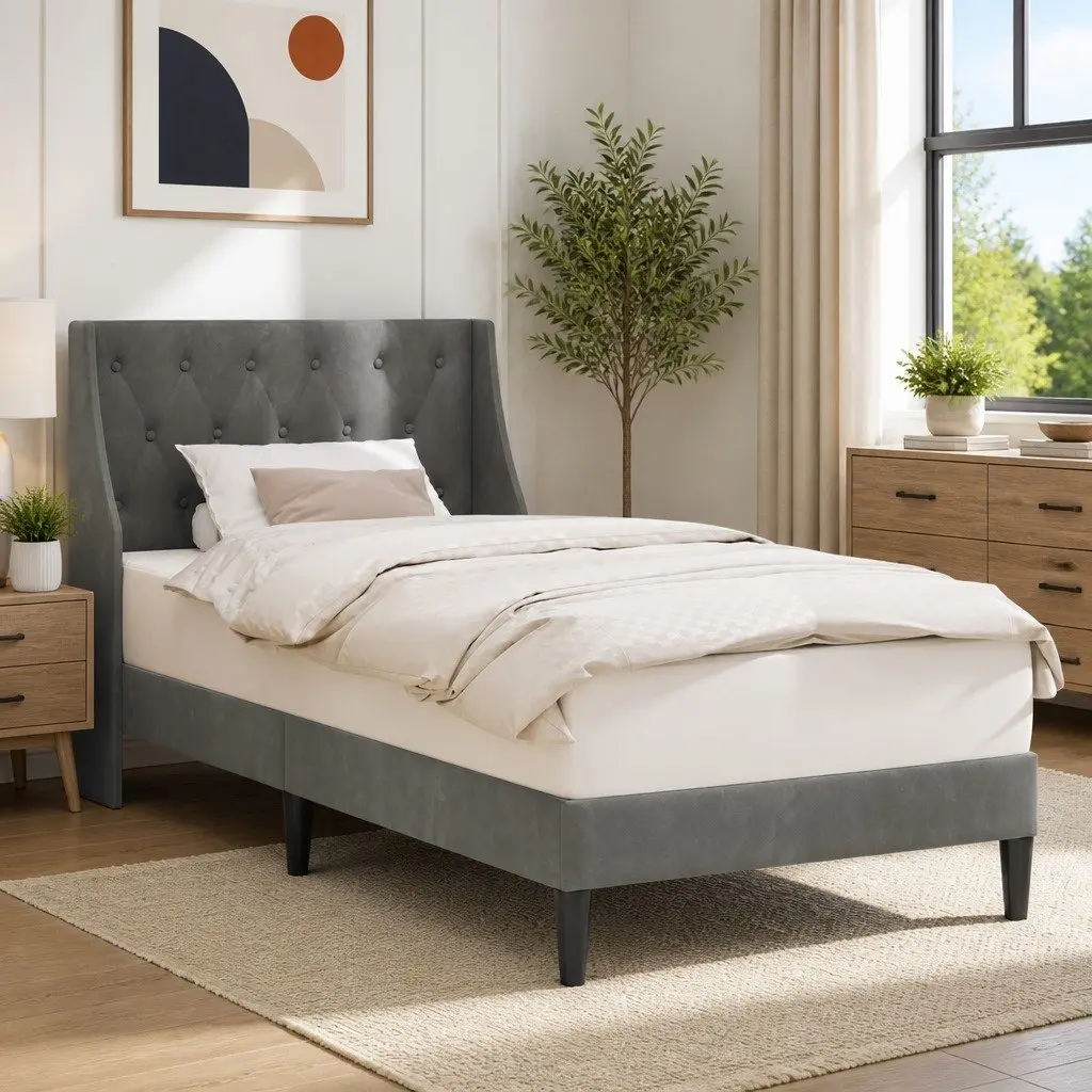 Dark Grey Velvet Headboard Bed Frame 90 x 190 cm