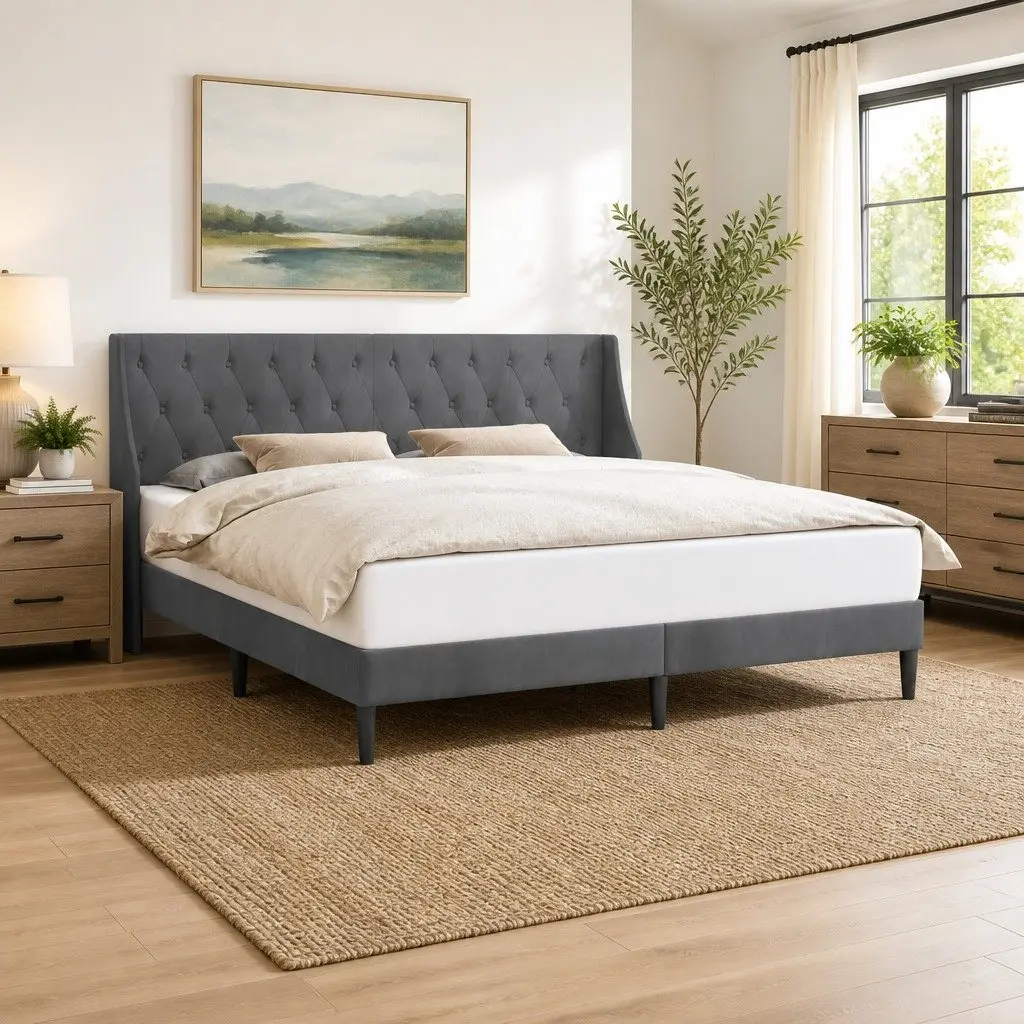 Bed Frame Velvet Headboard Dark Grey 180 x 200 cm Plywood Modern