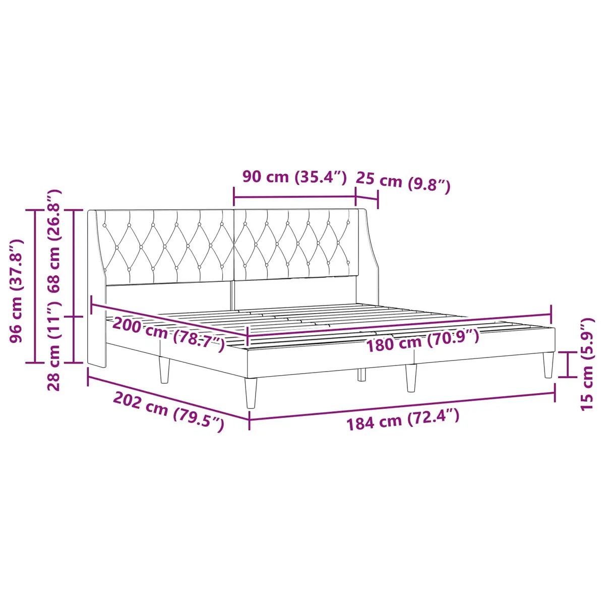 Bed Frame Velvet Headboard Dark Grey 180 x 200 cm Plywood Modern