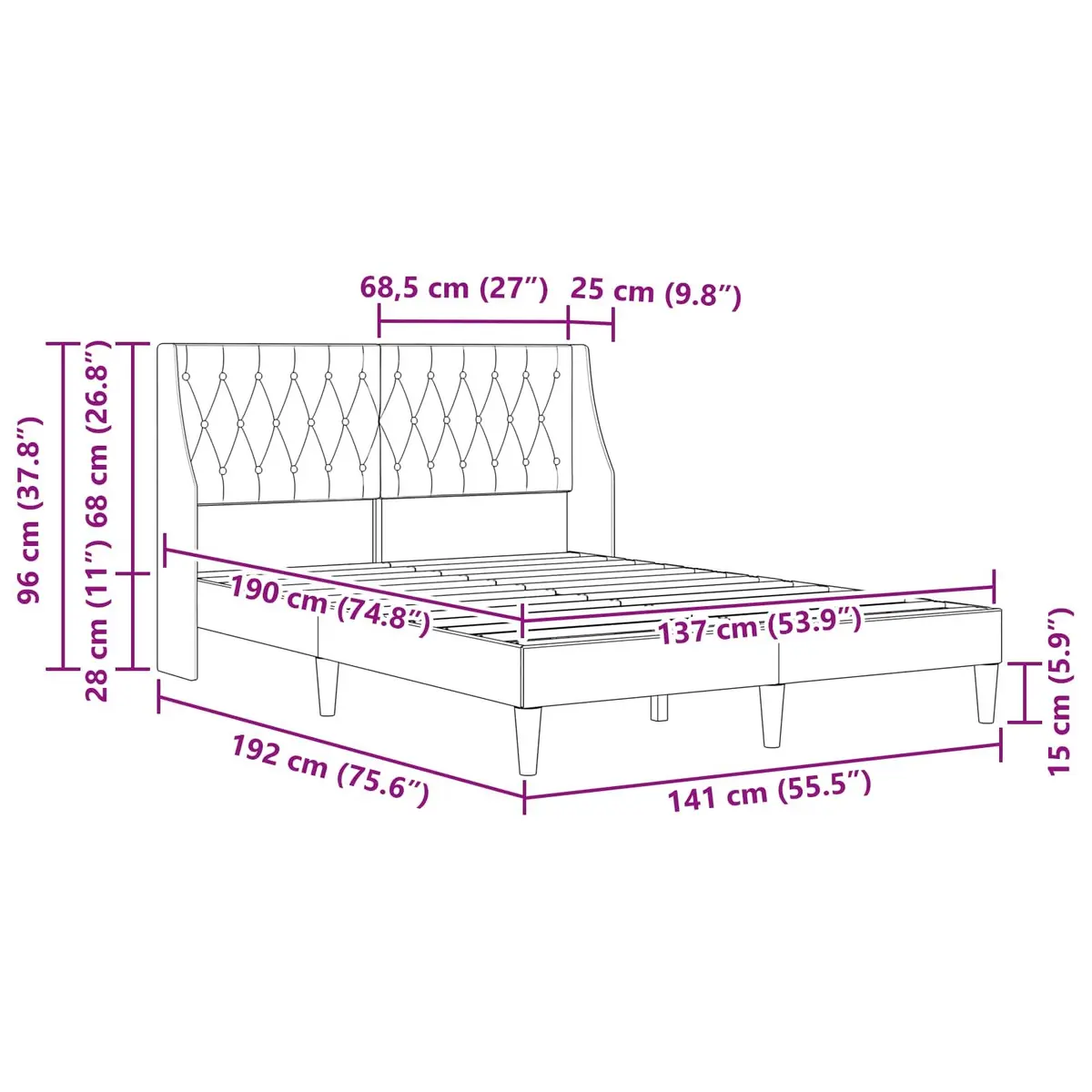 Bed Frame Velvet Headboard Modern Dark Grey Plywood