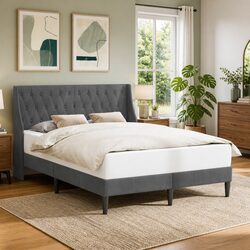Modern Dark Grey Bed Frame with Velvet Headboard