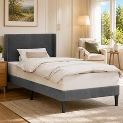 Dark Grey Velvet Headboard Bed Frame 90 x 190 cm