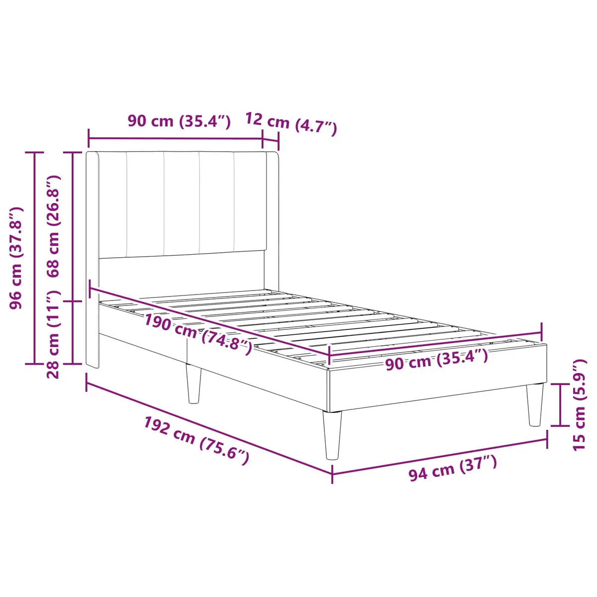 Dark Grey Velvet Headboard Bed Frame 90 x 190 cm