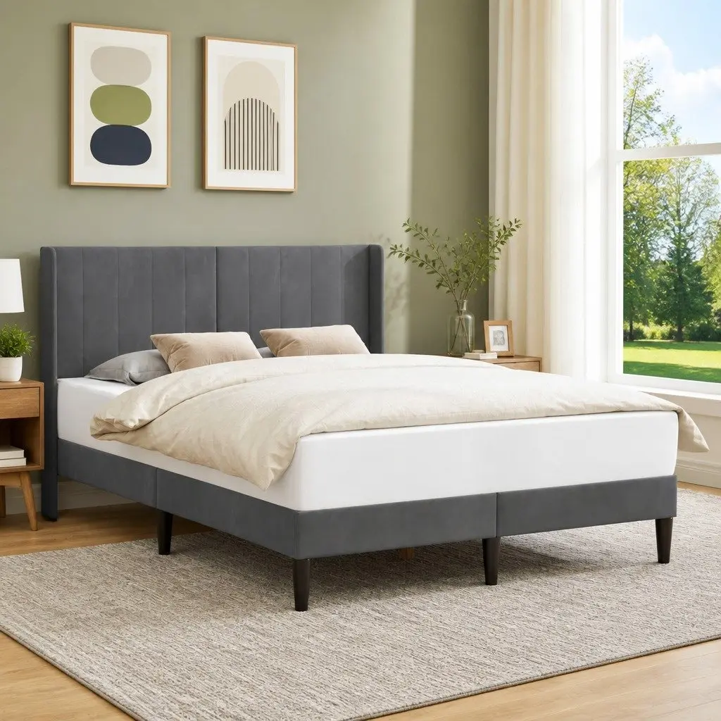Bed Frame with Dark Grey Velvet Headboard