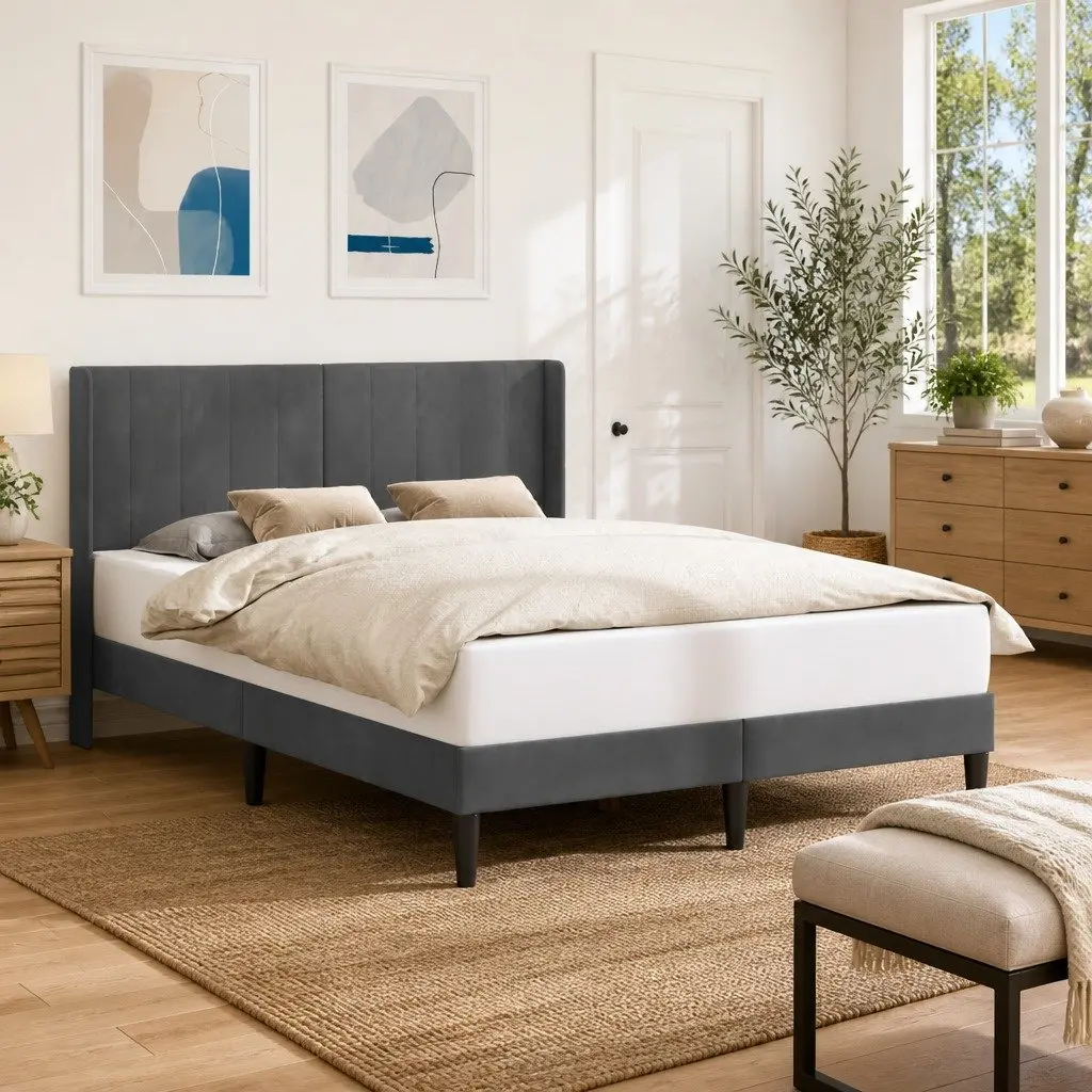 Bed Frame with Dark Grey Velvet Headboard Modern Bedroom Furniture Slatted Base
