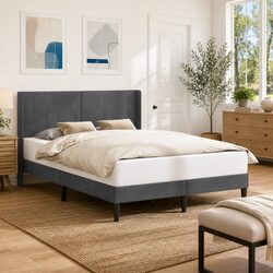 Modern Bed Frame with Dark Grey Velvet Headboard