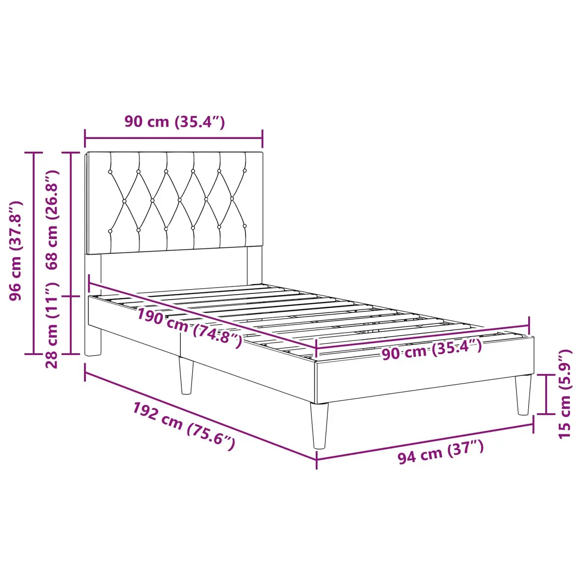 Bed Frame Velvet Headboard Dark Grey 90 x 190 cm Plywood