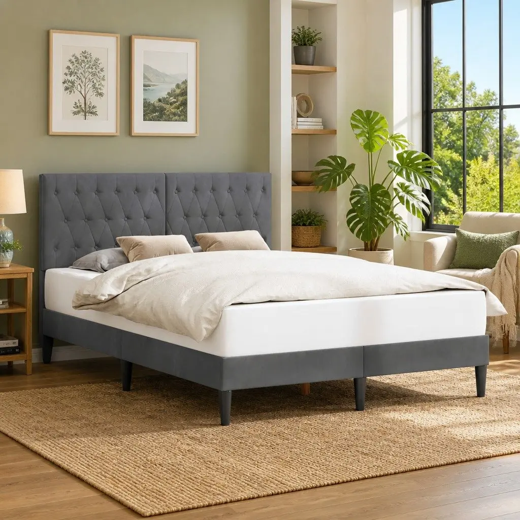 Dark Grey Velvet Bed Frame with Tapered Legs