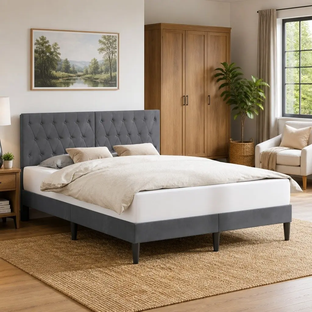 Dark Grey Velvet Bed Frame with Tapered Legs