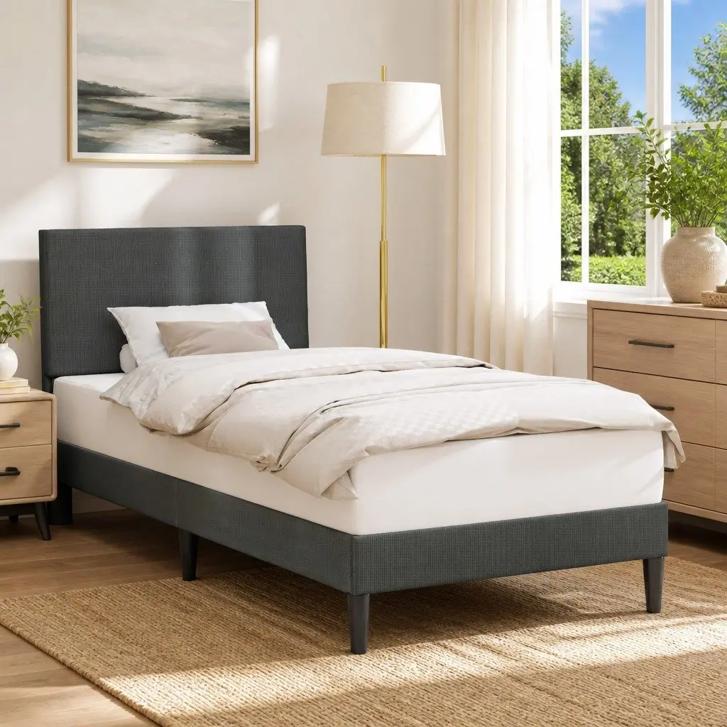 Dark Grey Bed Frame with Corduroy Headboard 90 x 190 cm