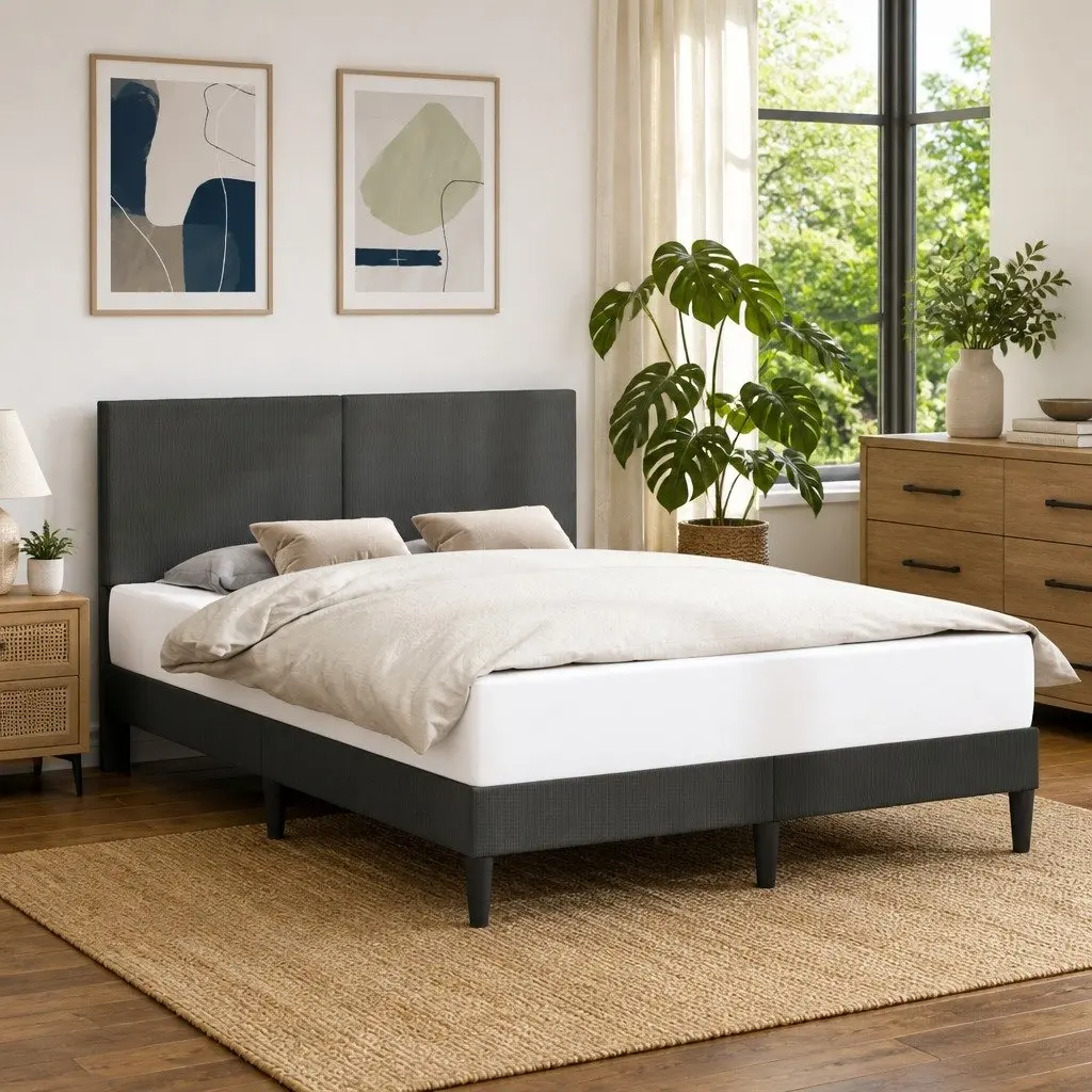 Corduroy Upholstered Bed Frame with Headboard Dark Grey 137x190cm