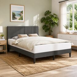 Dark Grey Corduroy Upholstered Bed Frame with Headboard