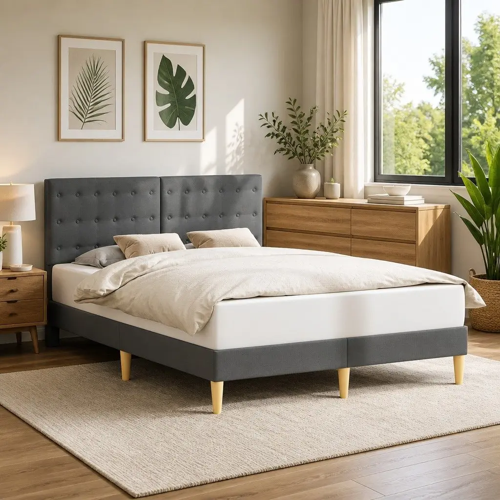 Dark Grey Upholstered Bed Frame with Headboard