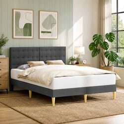 Dark Grey Fabric Bed Frame with Headboard for Modern Spaces