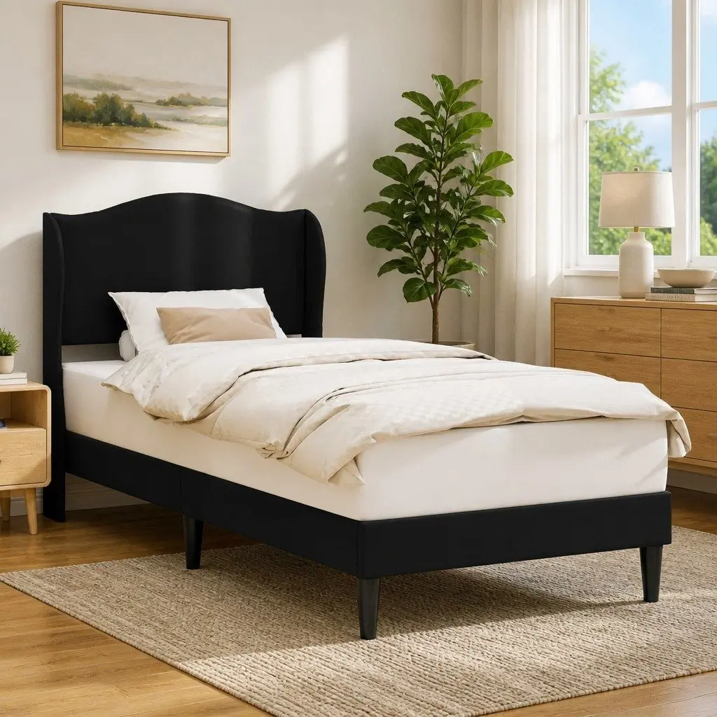 Black Bed Frame with Headboard 90 x 190 cm