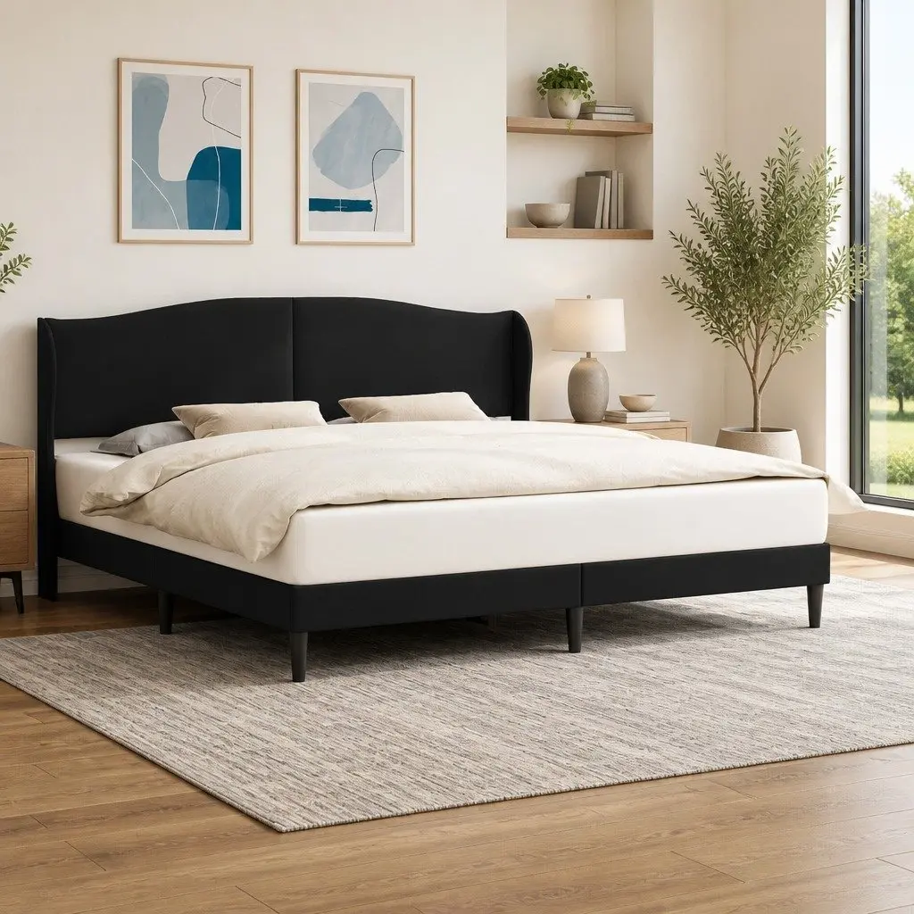 Black Faux Leather Bed Frame with Headboard 180 x 200 cm