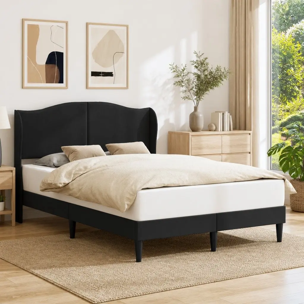 Black Bed Frame with Headboard 137x190cm Faux Leather