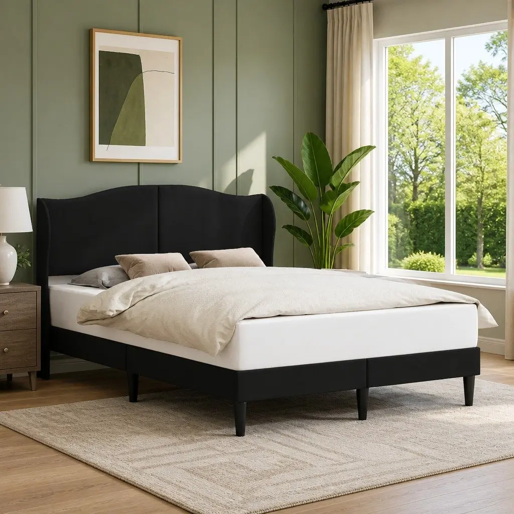 Queen Size Black Bed Frame with Faux Leather Headboard