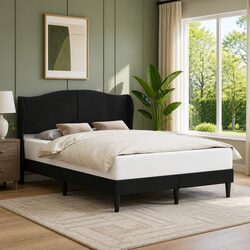 Queen Size Black Bed Frame with Faux Leather Headboard