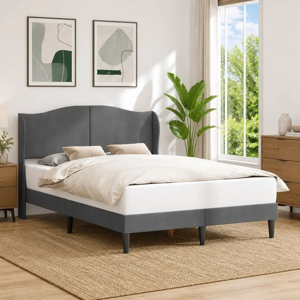 Bed Frame Velvet Headboard Dark Grey 137 x 190 cm Modern Platform Plywood Construction Tapered Legs