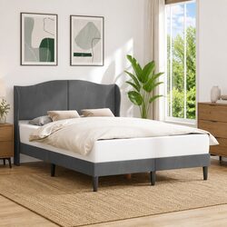 Velvet Headboard Bed Frame in Dark Grey 137 x 190 cm