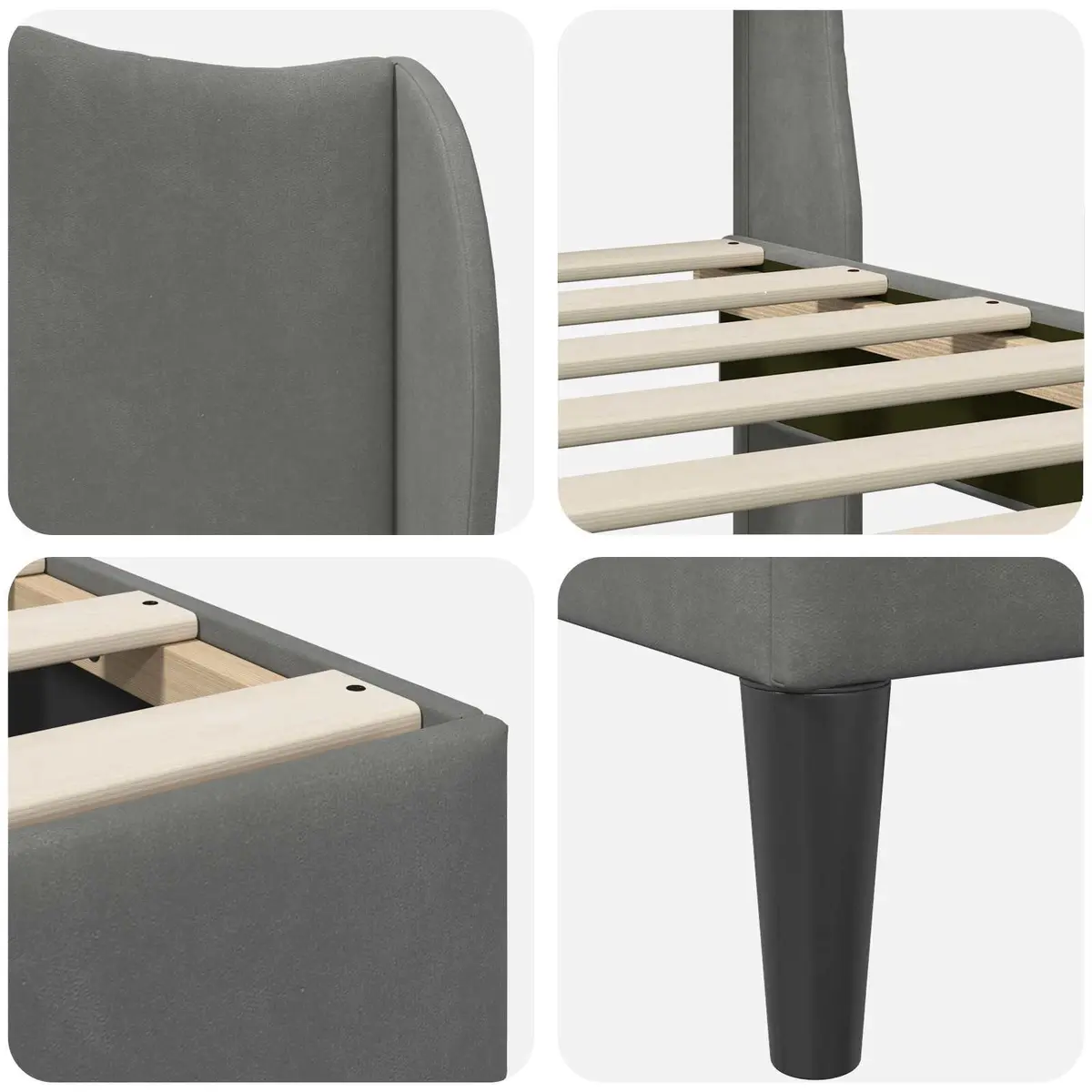 Bed Frame Velvet Headboard Dark Grey 137 x 190 cm Modern Platform Plywood Construction Tapered Legs