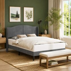 Dark Grey Bed Frame with Velvet Headboard 153 x 203 cm