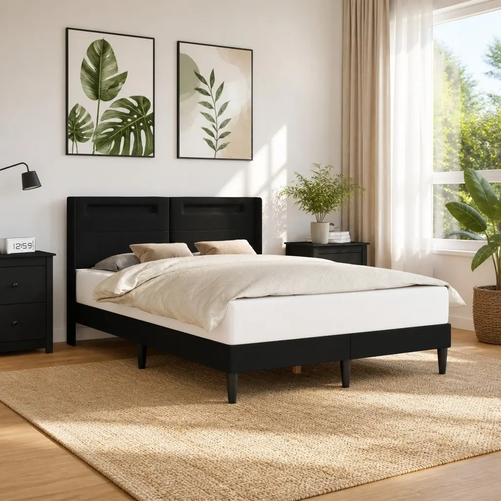 Black Faux Leather Bed Frame with LED Headboard