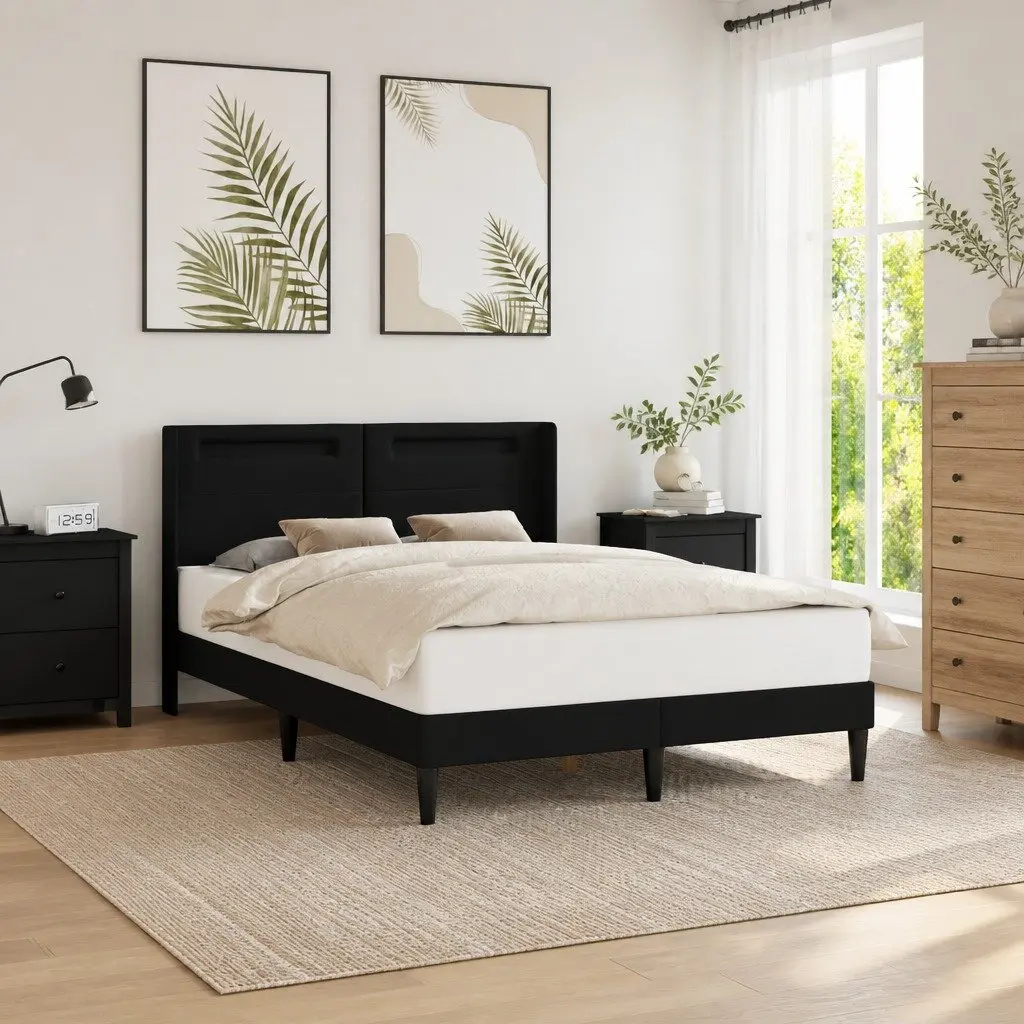 Black Faux Leather Bed Frame with LED Headboard