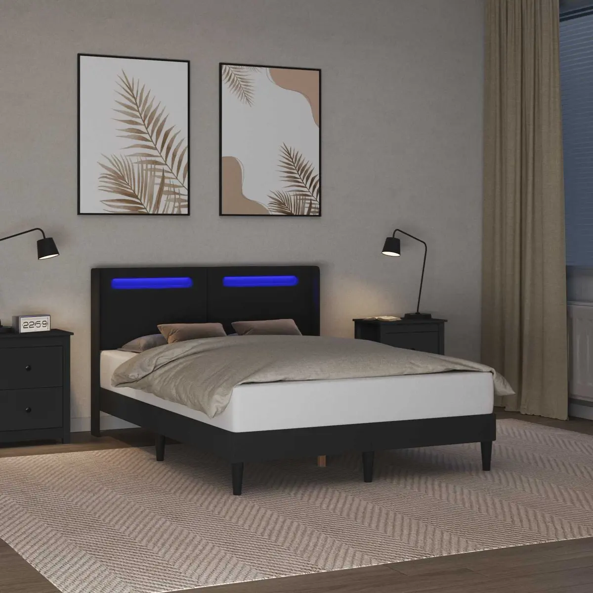 Black Faux Leather Bed Frame with LED Headboard