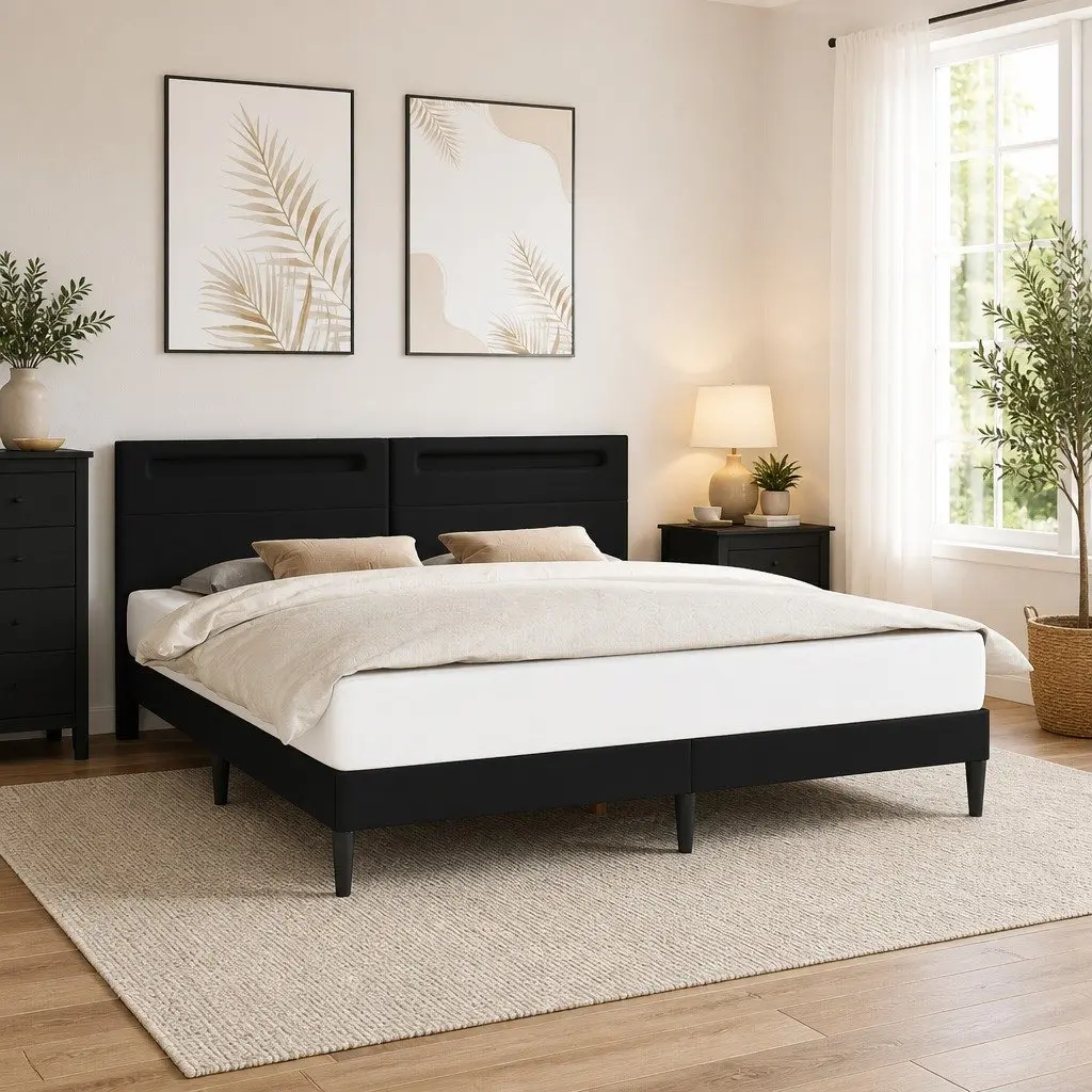 Bed Frame Black 180 x 200 cm Faux Leather Slatted Base with LED Lighting USB