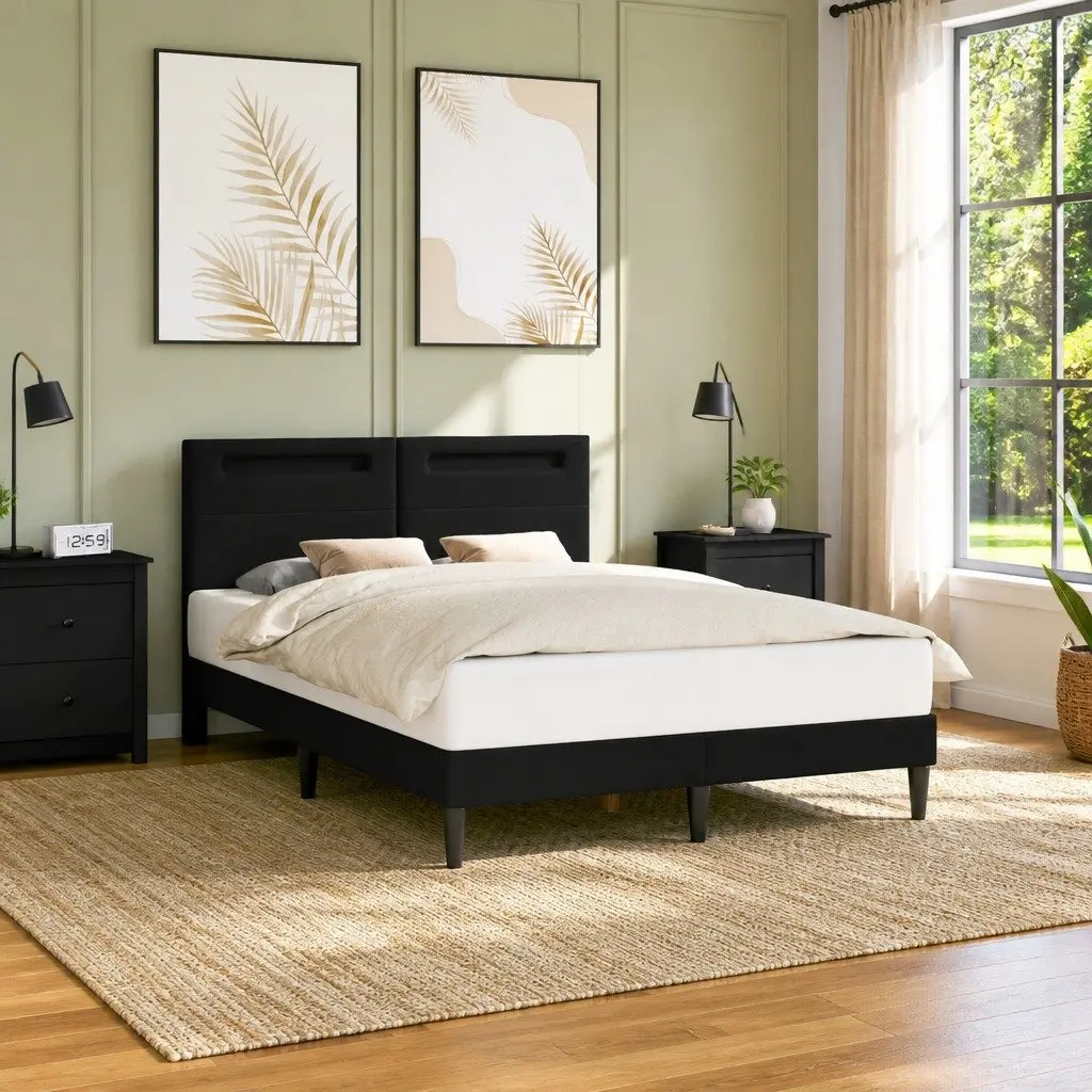 Faux Leather Black Bed Frame with LED Lighting