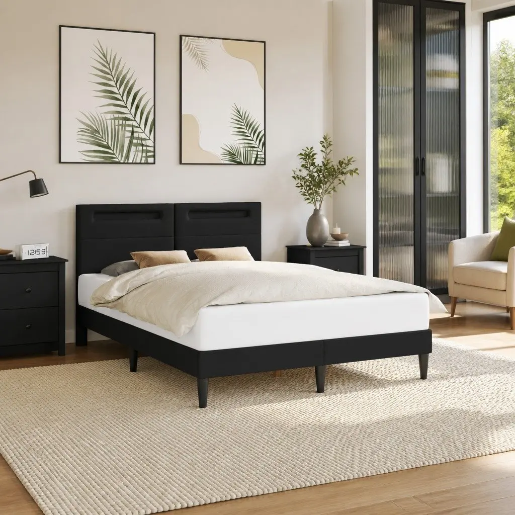 Black Faux Leather Bed Frame with LED Lighting 153 x 203 cm