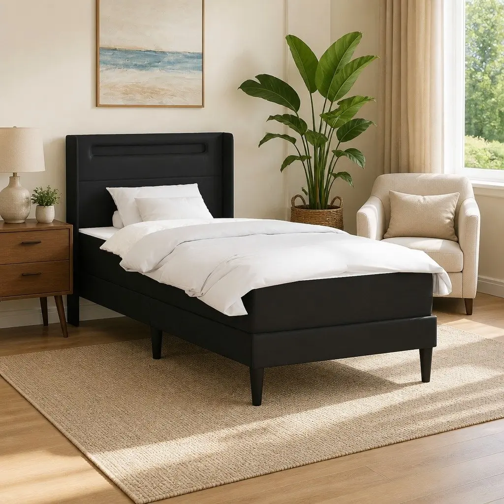 Black Bed Frame with Mattress 90 x 190 cm Faux Leather Pocketed Coil with LED Lighting and USB Ports
