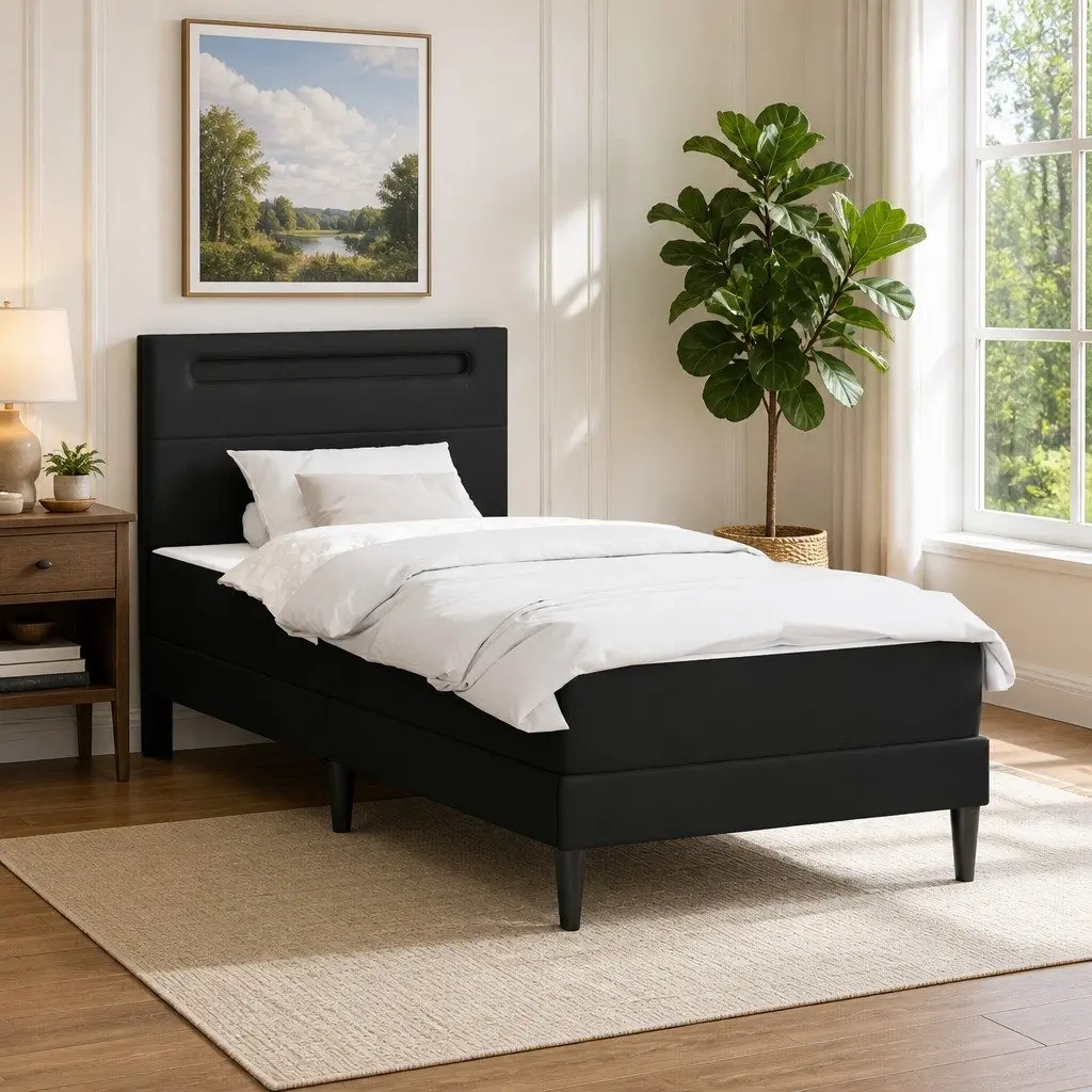Bed Frame Black 90 x 190 cm Faux Leather Headboard with LED Strip Lights and Storage