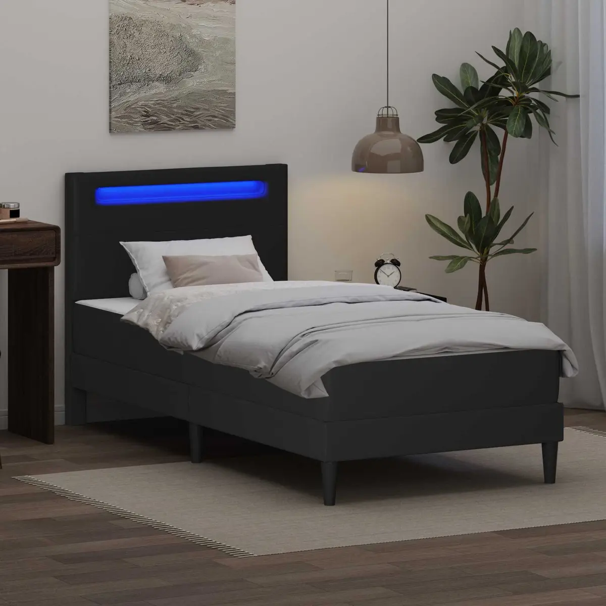 Bed Frame Black 90 x 190 cm Faux Leather Headboard with LED Strip Lights and Storage