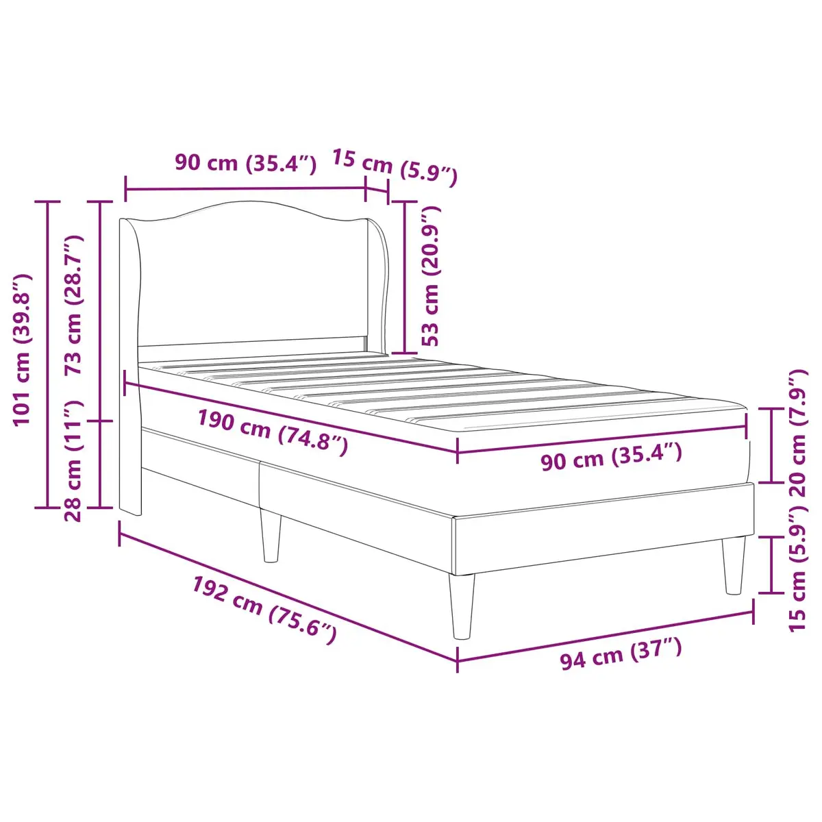 Bed Frame Modern Padded Headboard 90x190cm Black Faux Leather Storage