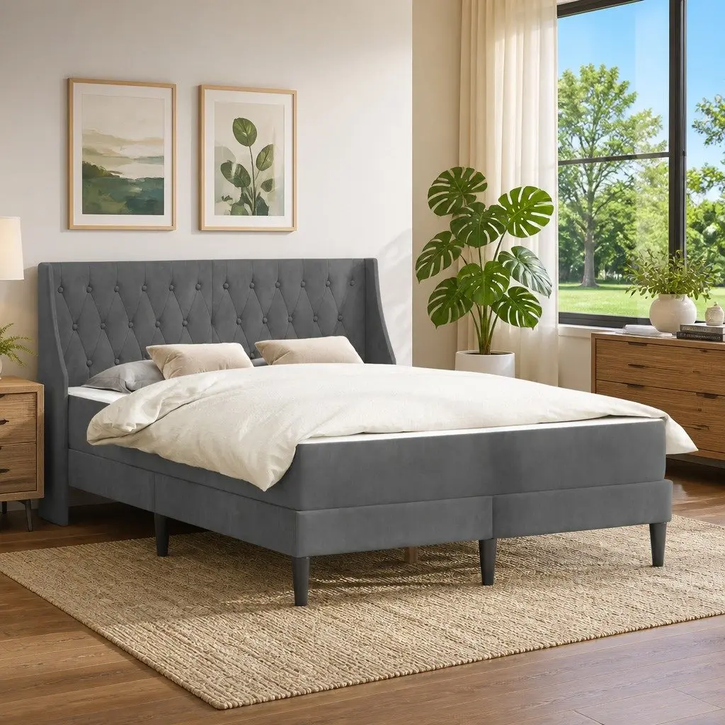 Bed Frame with Mattress Grey 137 x 190 cm Velvet Upholstered Modern