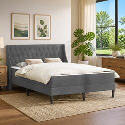 Modern Grey Velvet Bed Frame with Mattress 137 x 190 cm